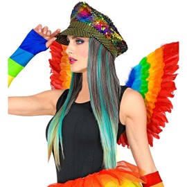 W WIDMANN MILANO Party Fashion 03008 Rainbow Hat with Hair and Sequins, Shiny Headwear, Hat with Long Synthetic Hair, Accessories, Carnival, Fancy Dress, Theme Party
