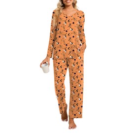 syoss Women's 2 Piece Pajama Sets Long Sleeve Fall Sleepwear Soft Comfy Pj Lounge Sets XL, Bat Orange