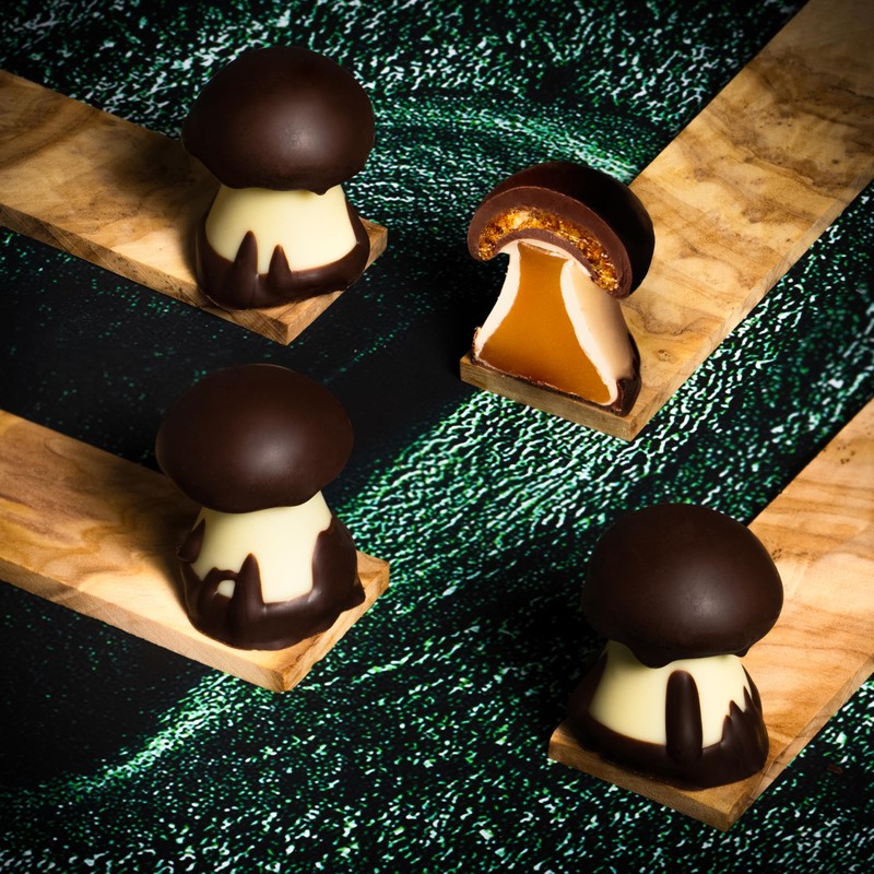 Cluizel Champignon Chocolate Mushrooms, 7 Count, Caramel and Nougatine Filled