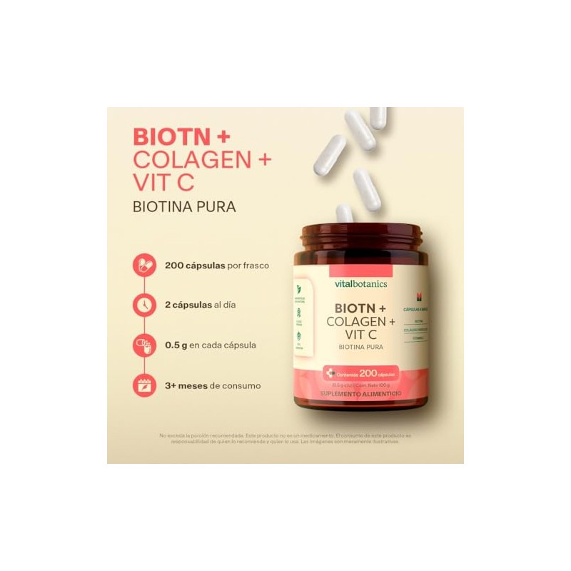 Vital Botanics Biotina Pura Colágeno Hidrolizado Vitamina 200 Cápsulas 500