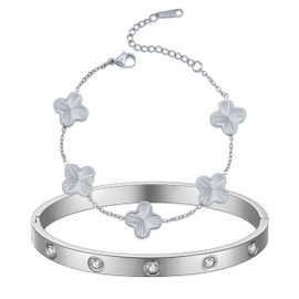 TICVRSS 18K Gold Plated Clover Bracelet Love bangle Set for Women Stack Cute Fashion Simple Friendship Bracelet Lucky Link Bracelets Jewelry Gifts Trendy for Women ((Silver+Silver)-7.0in)