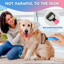 Upgraded Pet Safe Dematting Comb for Dogs Cats,Deshedding Undercoat Rake with Double-Sided Stainless Steel Teeth, Cat Matted Fur Remover,Cat Dematting Tool,Dog Hair Mat Remover(Blue-Large+Pink-Small)