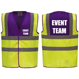 Brook Hi Vis Premium Two Tone Safety Vest - EVENT TEAM Printed Front & Back, Event Management High Viz Waistcoat, Available 8 Colours, Hi Vis Vest (UK, Alpha, M, Regular, Regular, Purple/Yellow)