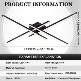 Tujoe Modern LED Ceiling Light with Remote Control 33.1'' Dimmable Ceiling Light Fixture 3-Color 45 W 6500k Flush Mount Chandelier Ceiling Lighting Black Ceiling Lamp for Bedroom Living Room Kitchen