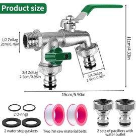 Garden Tap 1/2 Inch, Double Outlet Tap with 2 Hose Connections and 2 Drum Sealing Tape, Garden Tap, Ball Outlet Valve, Frost-20°C for Garden, Household (Green)