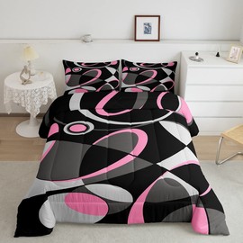 Feelyou Pink Grey and Black Comforter Retro Circle Geometry Comforter Set Modern Abstract Art Bedding Set for Kids Boys Girls Geometry Swirl Duvet Set Luxury Room Decor Quilt Set King Size