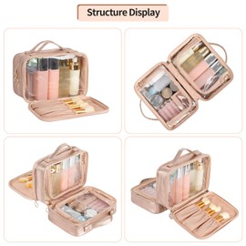 OCHEAL Clear Makeup Bag, Double Layer Cosmetic Bag, Large Capacity Minimalist Cosmetic Case for Women Travel Beauty Essentials, Multiple Compartments Makeup Case Organizer Zipper Pouch -Rose Glod