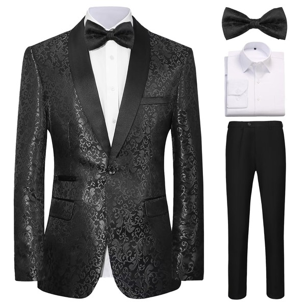 Floral 3 Piece Black Tuxedos for Men Jacquard Jacket Pants