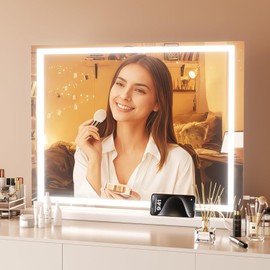 DKGEVEAO Vanity Mirror with Lights, 23" x 18" Makeup Mirror, Lighted Makeup Mirror with 3 Color Modes & Adjustable Brightness, Detachable 10x Magnification and USB Charging Design (White)