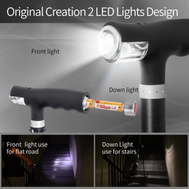 BeneCane Quad Cane Walking Cane with Two Led Lights with Big Base T Handle＆Lightweight Adjustable Walking Stick Four Pronged Sturdy for Men and Women(Black)