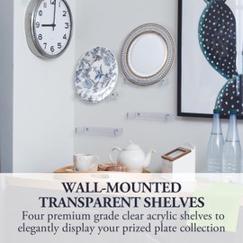 MyGift Set of 4 Modern Premium Clear Acrylic Wall Mounted Single Plate Holders, Transparent Vertical Hanging Decorative Display Racks, Hang 8 to 10 Inch Plates