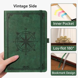 AUTEMPO A5 Notebook Leather Hardcover in Compass Pattern Design, 320 Pages Journal Book, 100 gsm Diary, 14.5 x 21 cm, The Perfect Gift for Family and Friends (Dark Green Lined)
