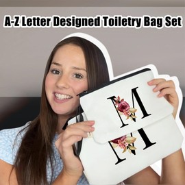 Vavabox 2 Pcs Initial Toiletry Bags Set,Birthday Gifts for Women,Travel Portable Makeup Bag with Handle (M, White)