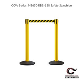 Crowd Control Warehouse CCW Series RBB-150 - Set of 2 Stanchion Retractable Belt Barriers - 16 Foot, Black & Yellow Diagonal Belt with Yellow Post - Easy Assembly