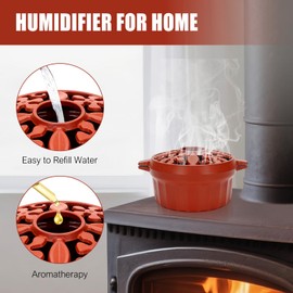 G GOOD GAIN Wood Stove Steamer - Cast Iron Round Bowl Fire Place Stove Humidifier Pot with Large Opening Top for Home Heating Decorative | Matte Finish & 2.7 Quart, OrangeRed