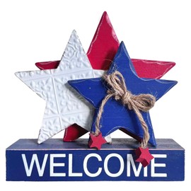 4th of July Decorations for Home Welcome Star Patriotic Decor Memorial Day Wood Table Centerpieces American Flag Farmhouse Tiered Tray Sign Independence Day Block