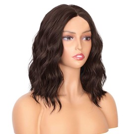 PORSMEER Short Wavy Curly Synthetic Hair Bob Wigs for Women Realistic Natural Wigs With Wig Cap for Girls Cosplay Costume Party Daily Use(14 inch,Dark brown)