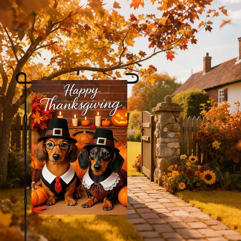 IVN Happy Thanksgiving Dachshund Garden Flag 12x18 Inch Double Sided