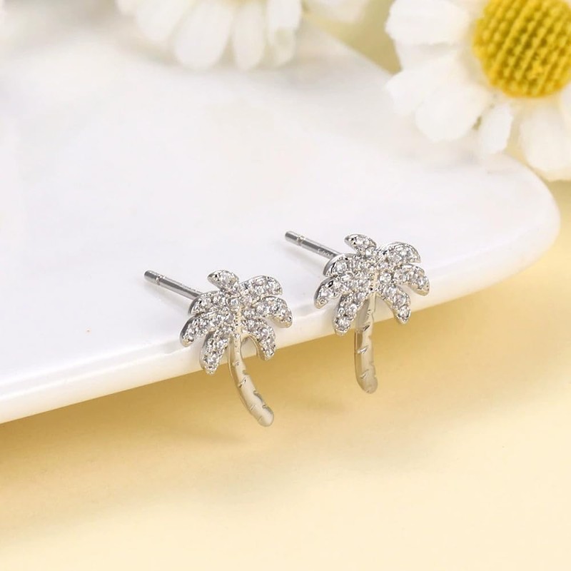 Crystal Palm Tree Stud Earrings for Women Silver Plated Delicate