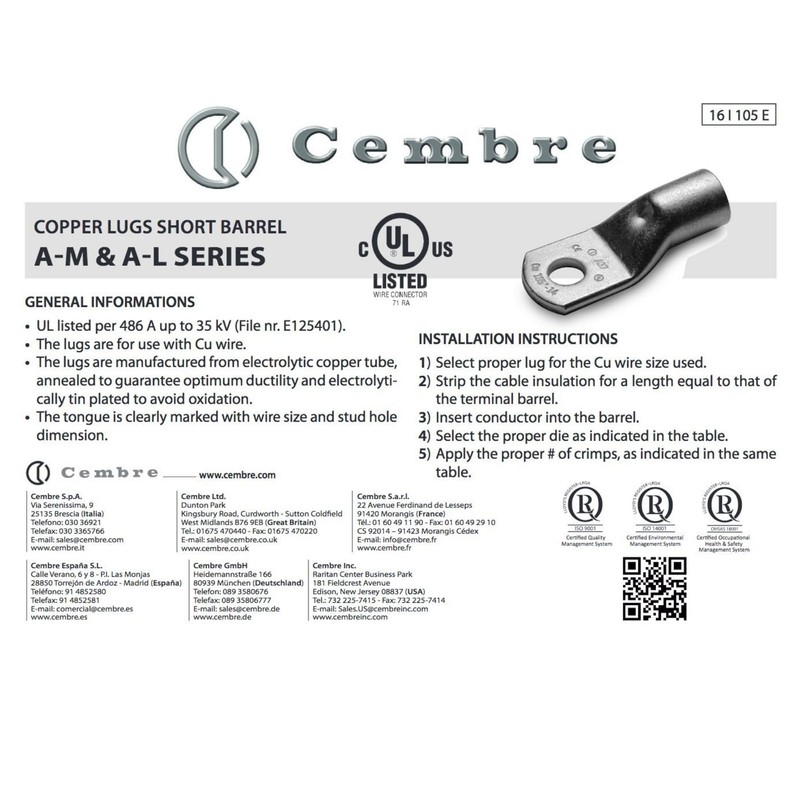 Cembre A2-M8 Tube Cable Lug 10 mm² M8 Uninsulated Tin-Plated