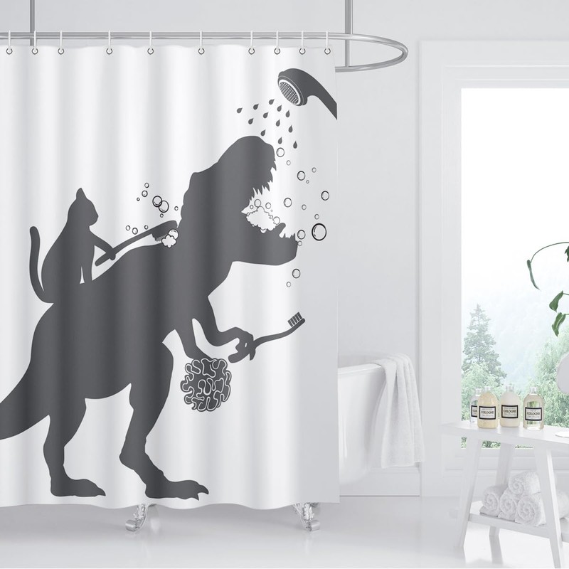 BIYSUC Cat Dinosaur Shower Curtain Funny Cat Help Dino Bathe