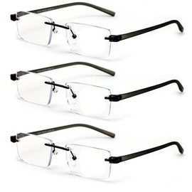 V.W.E. 3 Pairs Lightweight Rimless Reading Glasses Metal with Flexi Temple - Rectangular Anti Blue Blocker Reader (3 Grey, 2.50)