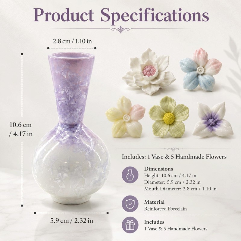 Mini Ceramic Vase with 5 Removable Porcelain Flowers, Purple Crystal