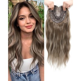 Hair Topper for Women 16 x 16 cm Large Base Topper Synthetic Wig Topper for Hair Losing / Thin Toppers 50.8 cm Long Wavy Hairpieces for Women (Highlights Brown with Dark Root)