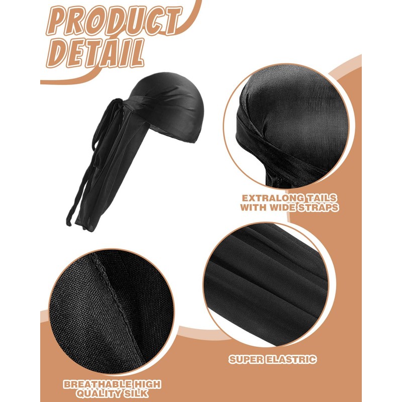 FUGLUS Men's 6 Pieces Silk Wave Cap with Long Tail