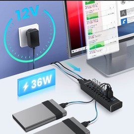 Rosonway - Hub USB de 10 puertos USB 3.0 de aluminio con adaptador de alimentación de 36 W (12 V/3 A) e interruptores individuales de encendido/apagado (RSW-A10)