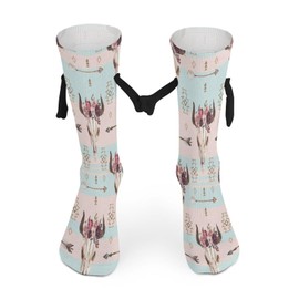 Xmkltbz 1 Pair Soft Socks Black Holding Hands, Compression Knee High Stockings Long Athletic Circulation 16x3.9 in Print Tribal Cow Bull Head with Flowers Arrows Floral Pattern