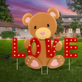 Vivantia 5 Pieces Valentine Yard Signs with Solar LED Light Valentines Day Metal Stakes Outdoor Decorations Happy Valentine's Day Large Bear Love Lawn Signs for Wedding Anniversary Party Garden Decor