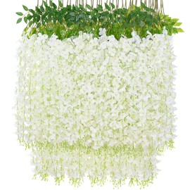 Sunm Boutique 36 Pack Wisteria Hanging Flowers, 3.6 Feet Wisteria Flowers Hanging Garland, Silk Artificial Wisteria Flower Vine String for Wedding Party Home Office Wall Decor (White)