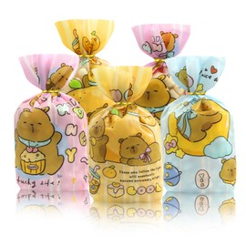 50 Pack Capybara Candy Treat Bags 5.5x7.9inch, Resealable OPP Plastic Cellophane Treat Bags with Gold Twist Ties for Candy, Snacks, Party Favors (Pink, Blue, Orange), Cute Kawaii Gift Packaging