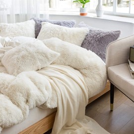 Sacebeleu White Duvet Cover Set Super King Size Plush Faux Fur Fluffy Warm Winter Bedding Set,Fleece Quilt Cover 230x260cm with Zipper Closure and 2 Pillowcasaes