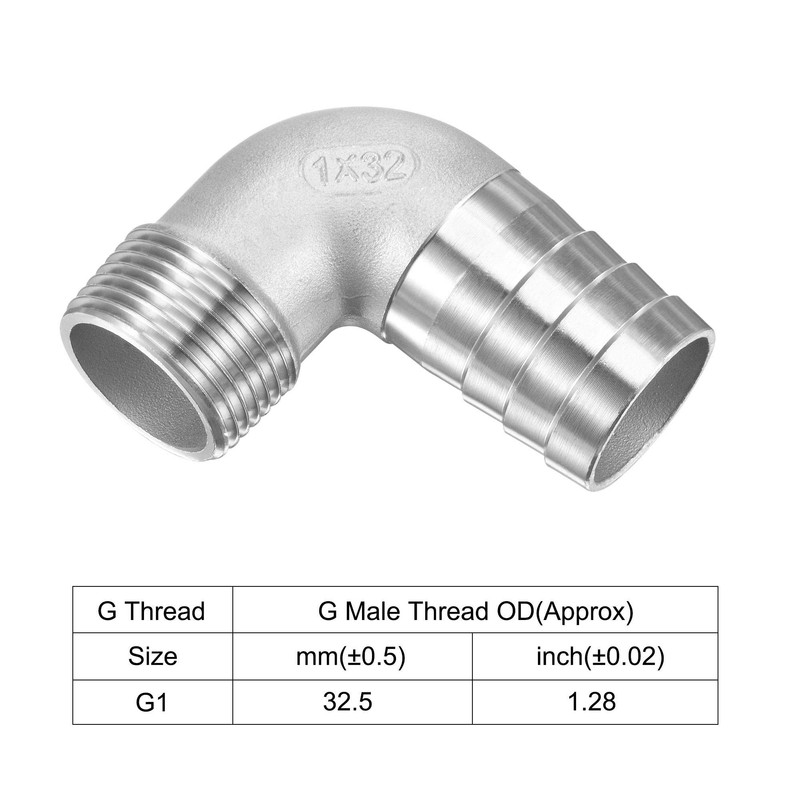 sourcing map 304 Stainless Steel Hose Barb Fitting Elbow, 32mm