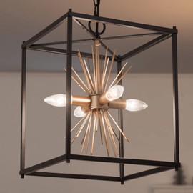 Durent Lighting Modern Black Gold Chandelier, 4-Light Square Pendant Light Fixture with Starburst Design, Height Adjustable Sputnik Chandelier for Dining Room, Kitchen Island, Bedroom, Entryway, 12"D
