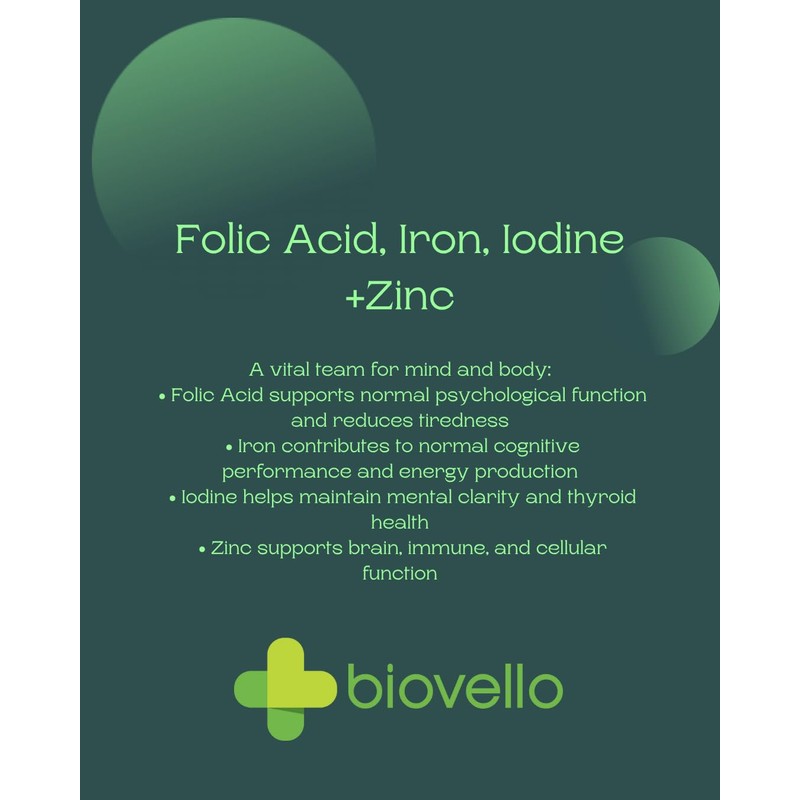 Biovello Cognitive Support Formula, 60 Capsules, with Iron, Zinc, Ginkgo
