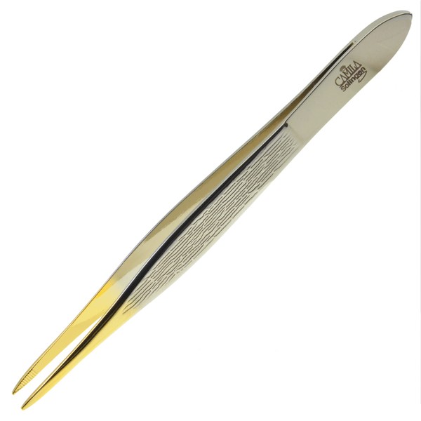 Camila Solingen CS32 3 1/2" Gold Tipped, Surgical Grade, German Stainless Steel Tweezers (Pointed) - Flawless Eyebrow and Facial Hair Shaping and Removal for Men/Women