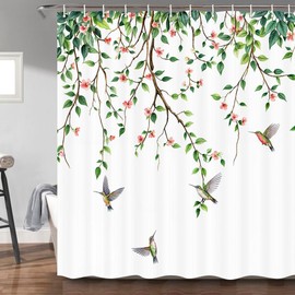 Cortina de ducha de hojas verdes salvia para baño, decoración de flores botánicas de primavera, plantas de pájaros, impermeable, juego de cortina de ducha con ganchos, 69 x 72 pulgadas