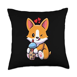 Adorable Corgi Doggy Furry Mammals Pedigree Canine Kawaii Boba Dog Corgi Drink Cute Anime Bubble Tea Heart Throw Pillow, 18x18, Multicolor