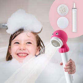 Barumi Livo Handheld Filtered Showerhead for Kids - Octopus Pink | Micro Laser-Cut for Soft Water Spray, Multi-Level Filtration Removes Chlorine and Impurities for Skin and Hair