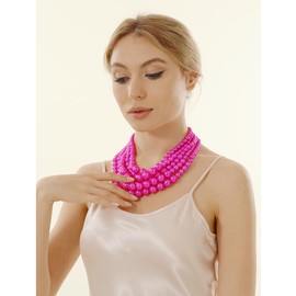 JNF Large Faux Pearl Necklaces for Women Multi strand Pearl Necklace Bracelet and Earrings Set Costume Pearls Necklace Jewelry Ladies (Fuchsia pearl necklace set)