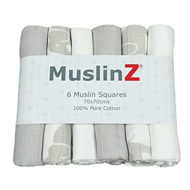 MuslinZ 6pk Baby Muslin Squares - Baby Burp Cloth - Newborn Essential mulit-use - Soft and Absorbent 100% Cotton 70x70cm… (Grey Elephant)