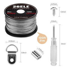 26ELE Picture Hanging Kit, Including Picture Hanging Wire(100 feet) Supports Up to 50lbs, D Ring Picture Hangers and Screws(20pcs Each), 20Pcs Aluminum Crimping Sleeves and 1 Screwdriver