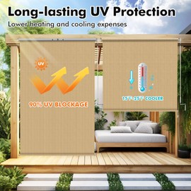 Artpuch Artpuch Outdoor Roller Shade 8' W x 8' H Fabric Blind Sesame Cordless Roll Up Shade, Wand Operation Exterior Roller Shades Cloth for Patio Porch Gazebo, 2 Poles and 1 Piece Fabric