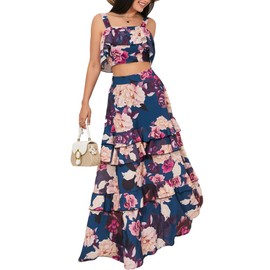 SOMTHRON Women's Summer 2 Piece Outfits Floral Print Strap Crop Tops Tiered Ruffle Skirt Sets Maxi Long Dress FR-M