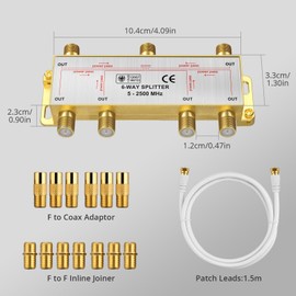 Justech 6 Way Coaxial Cable Splitter TV Aerial Coax Splitter MoCA 5-2500MHz with 1.5m Coax Cable F Plugs for Sky Box Telewest Eurovox Starview Dreambox- Gold Plated