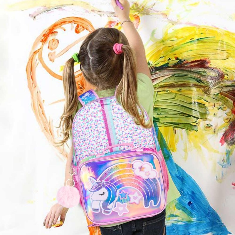 UFNDC 3PCS Unicorn Backpack for Girls, 16”Kids Sequin Bookbag with
