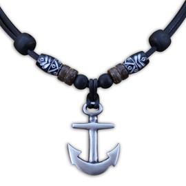 HANA LIMA Necklace Anchor Men's Necklace Surfer Necklace Men's Necklace Leather Chain Surfer Chain Women's Necklace, Leather Wood, No Gemstone